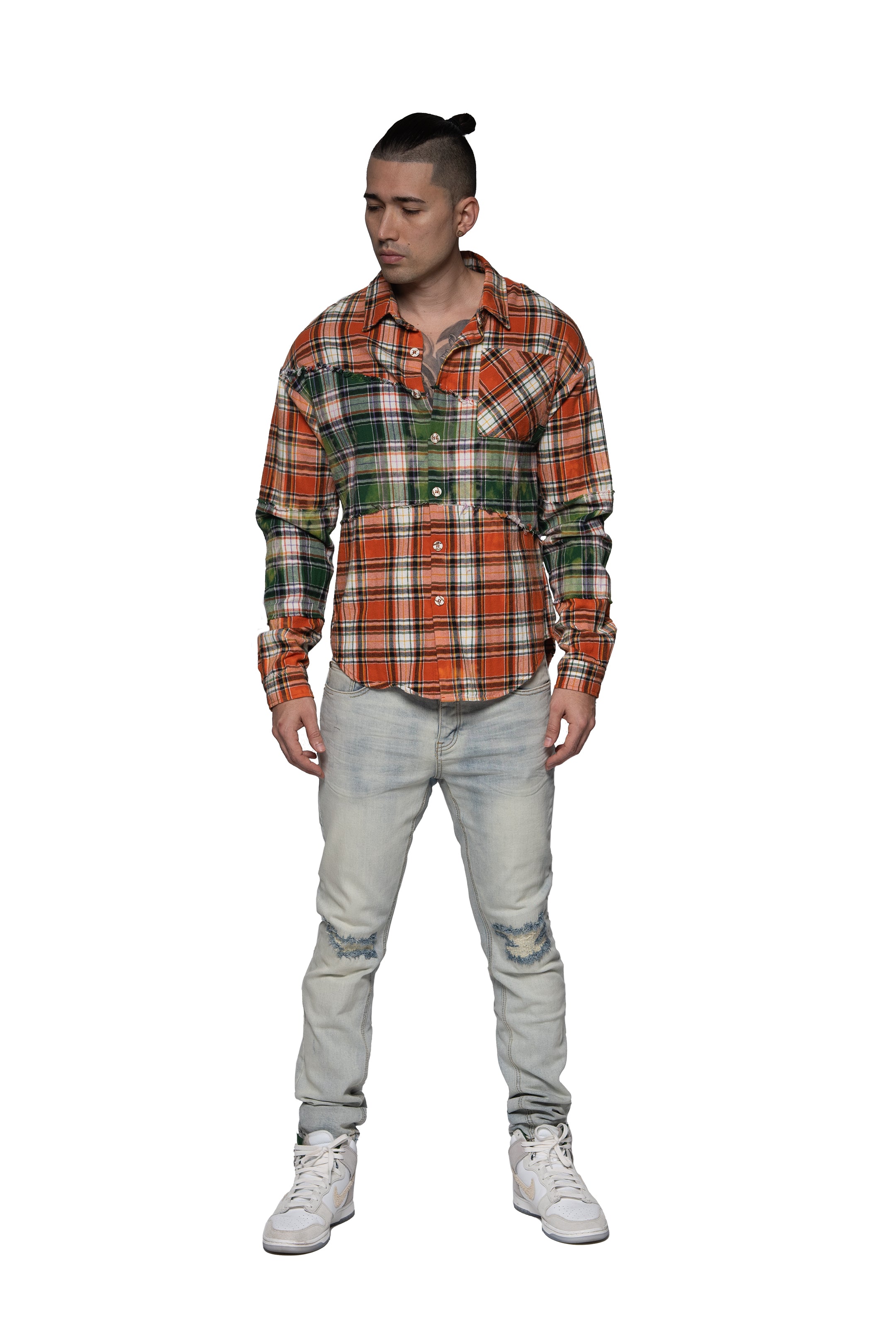 "RIP AND REPAIR WOVEN" Orange/Green Button Up