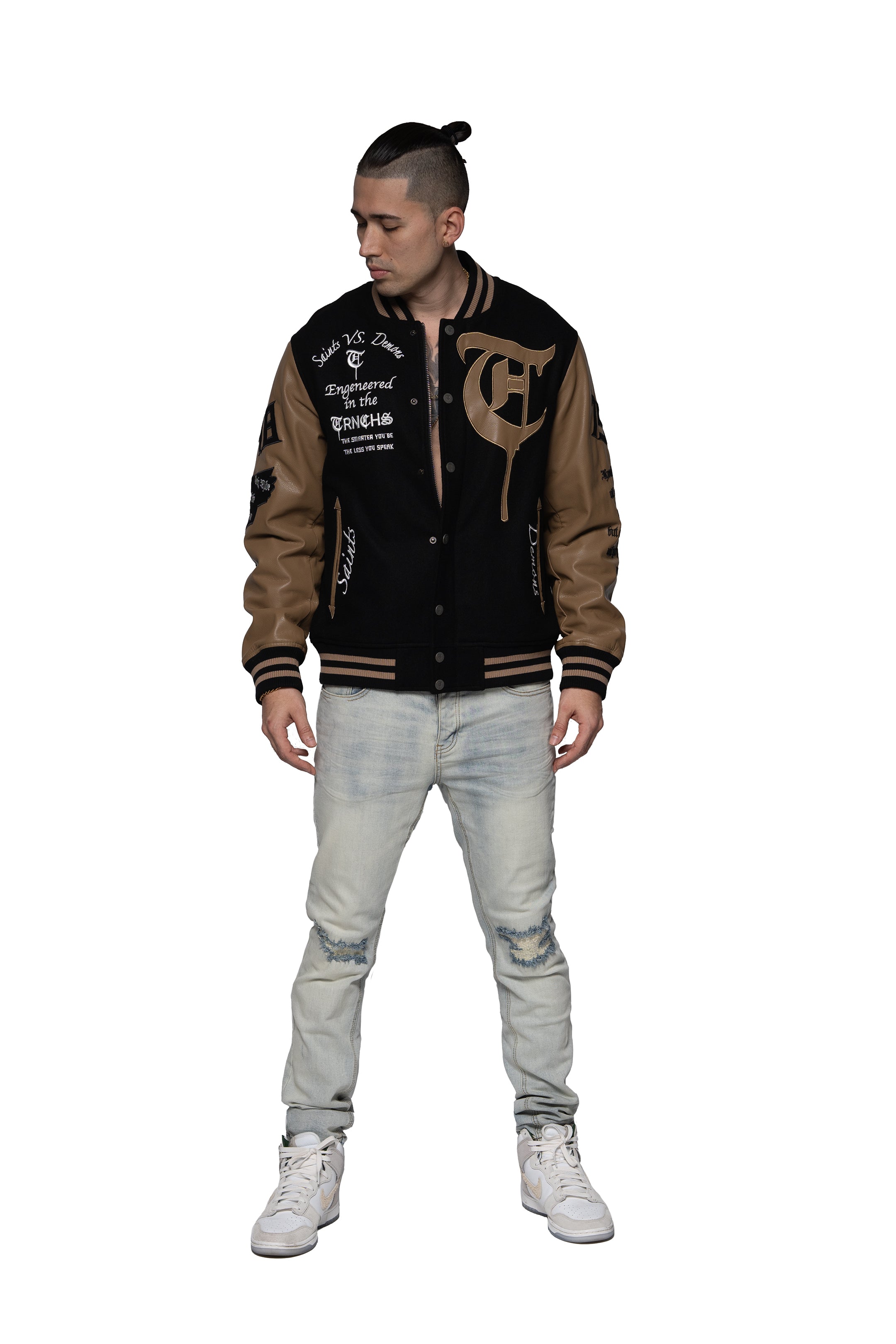 "SAINT VS. DEMONS" Black Mocha Varsity Jacket