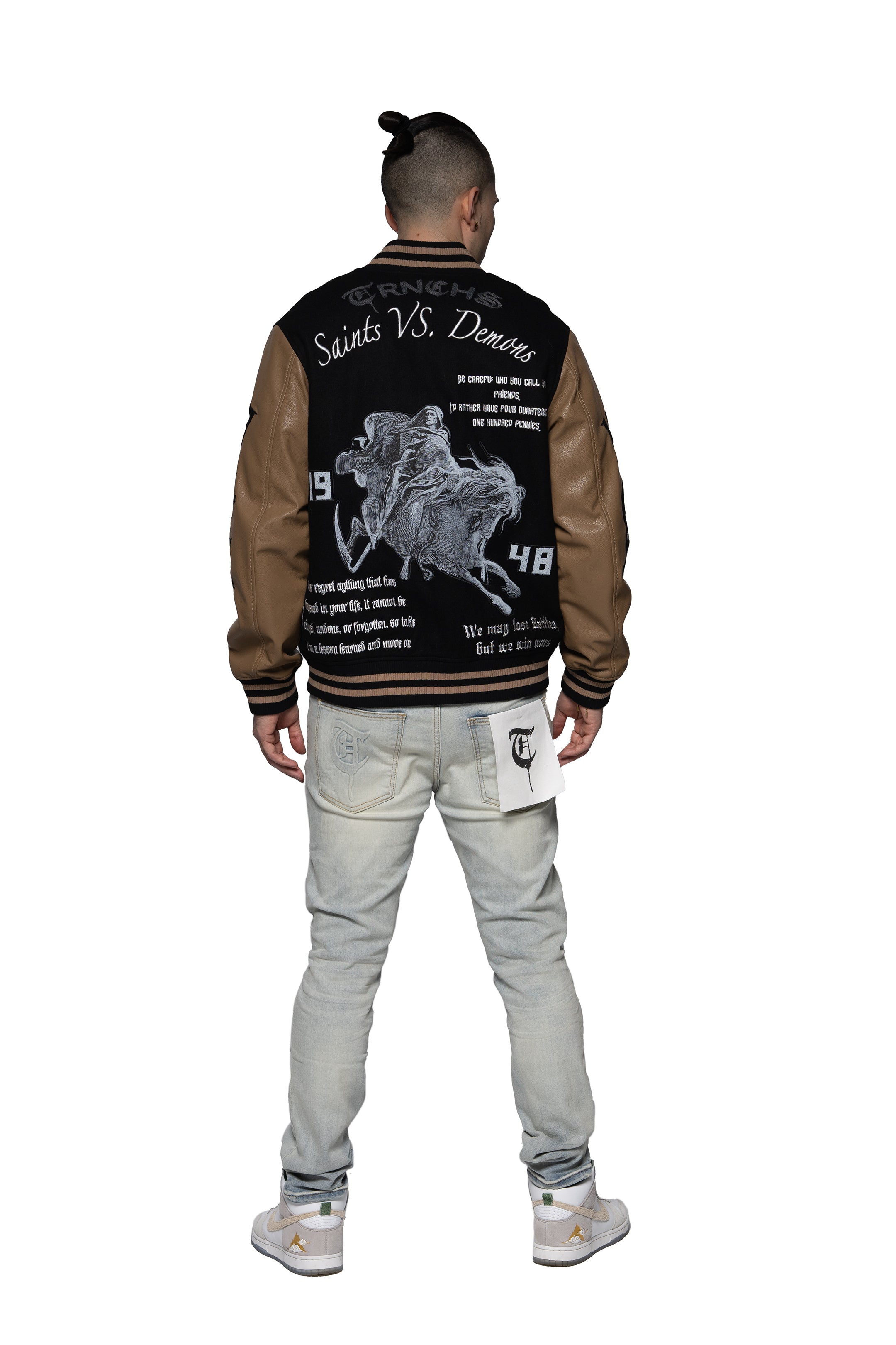 "SAINT VS. DEMONS" Black Mocha Varsity Jacket