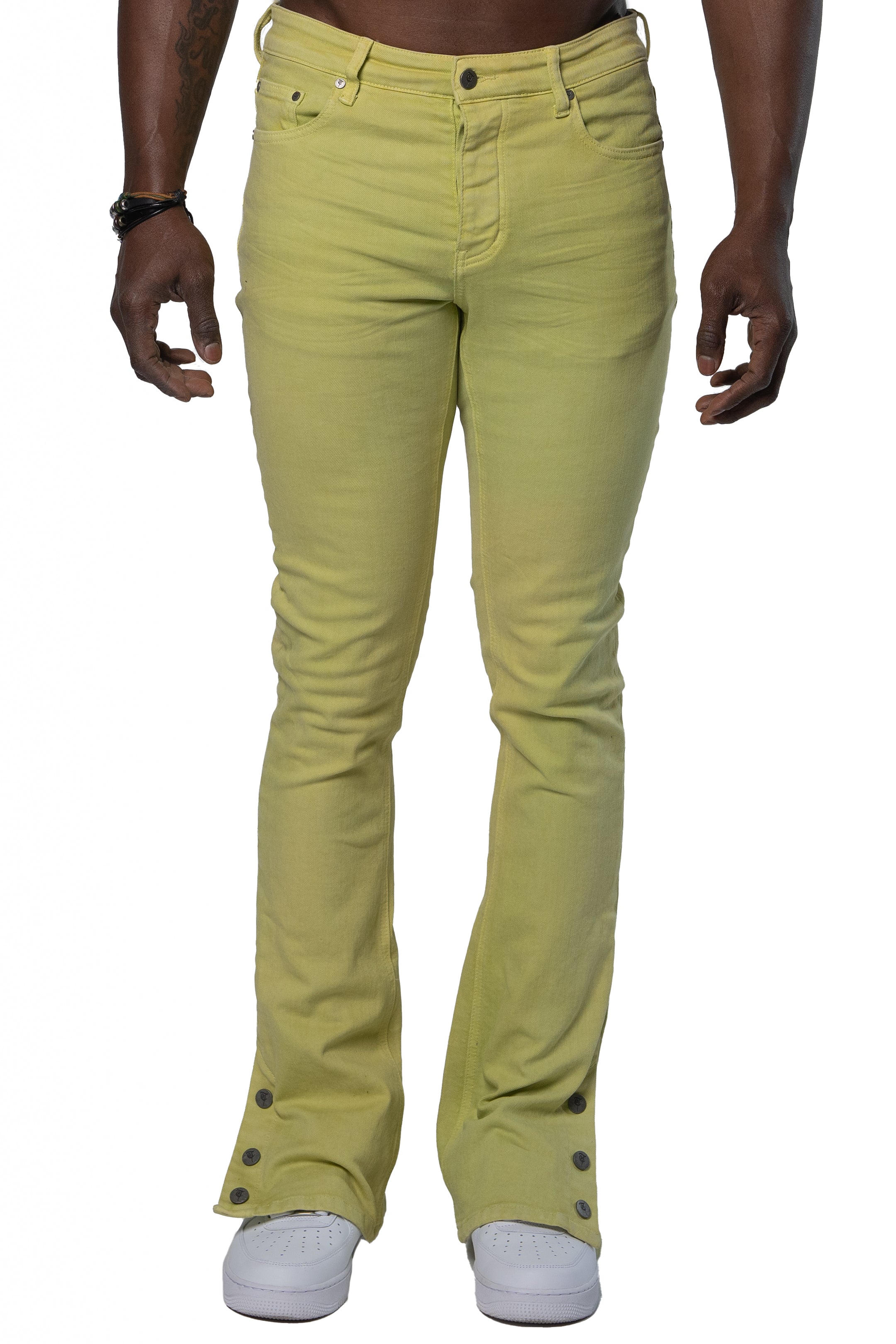 "BUTTON FLY" Green Stacked Jeans