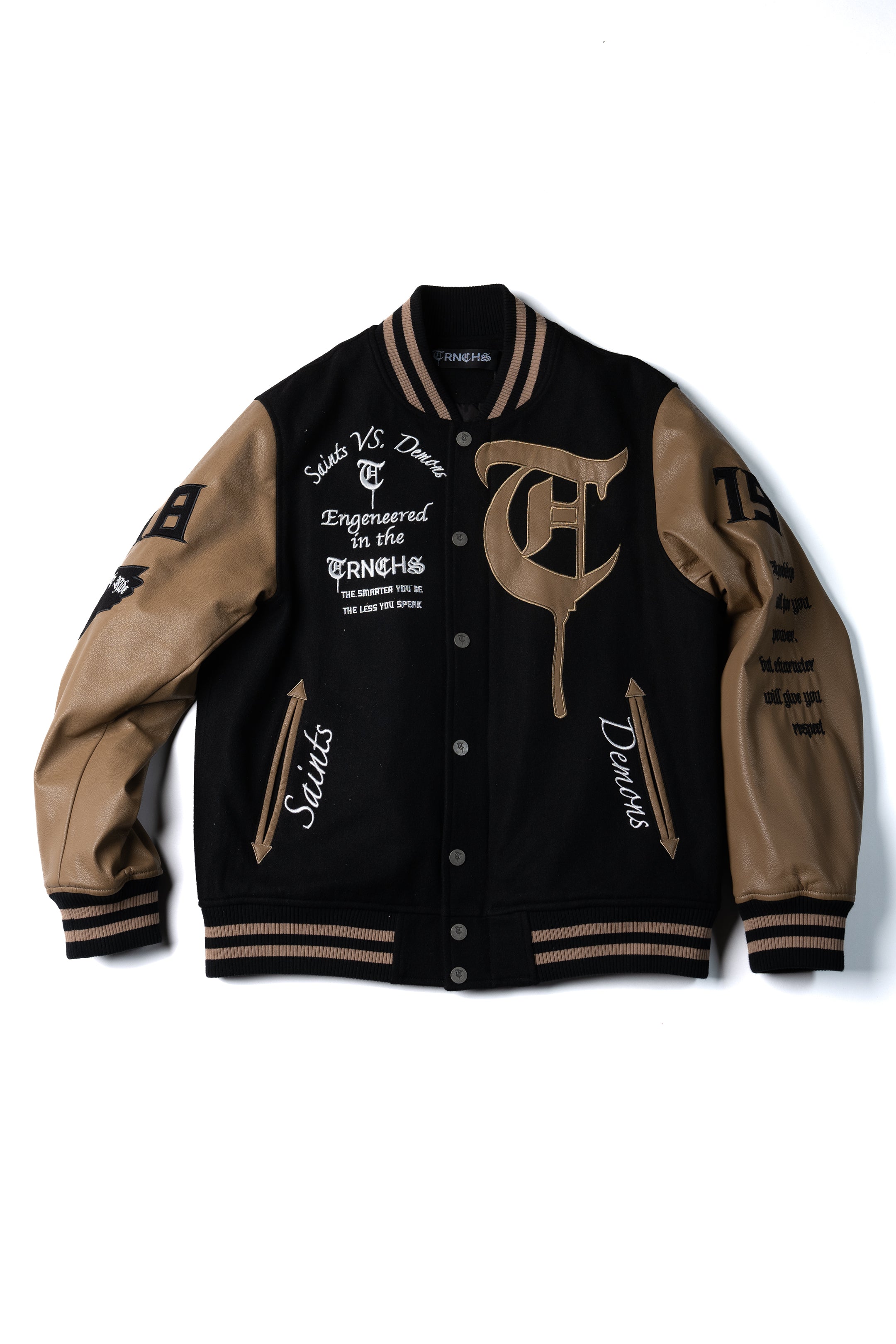 "SAINT VS. DEMONS" Black Mocha Varsity Jacket