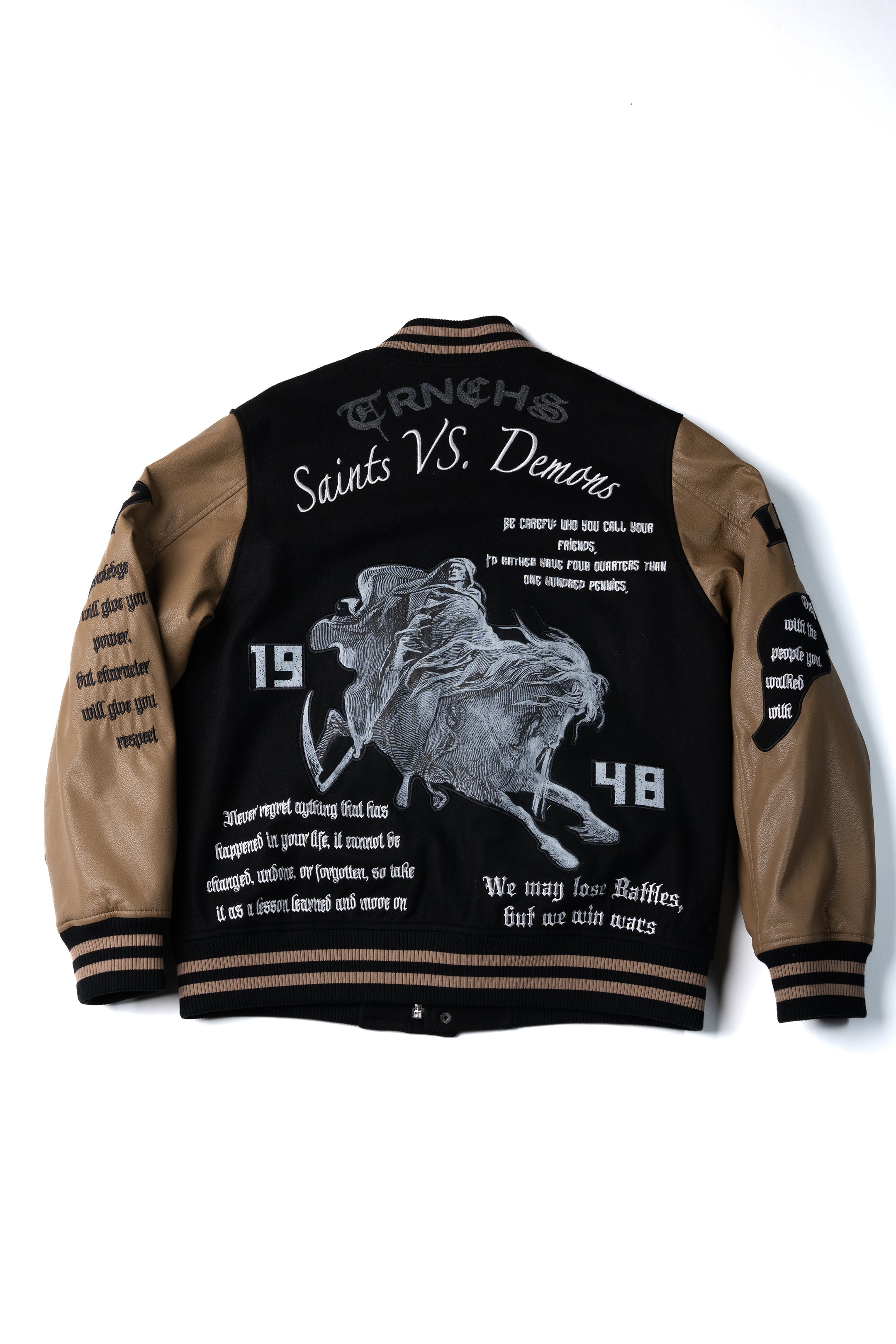 "SAINT VS. DEMONS" Black Mocha Varsity Jacket