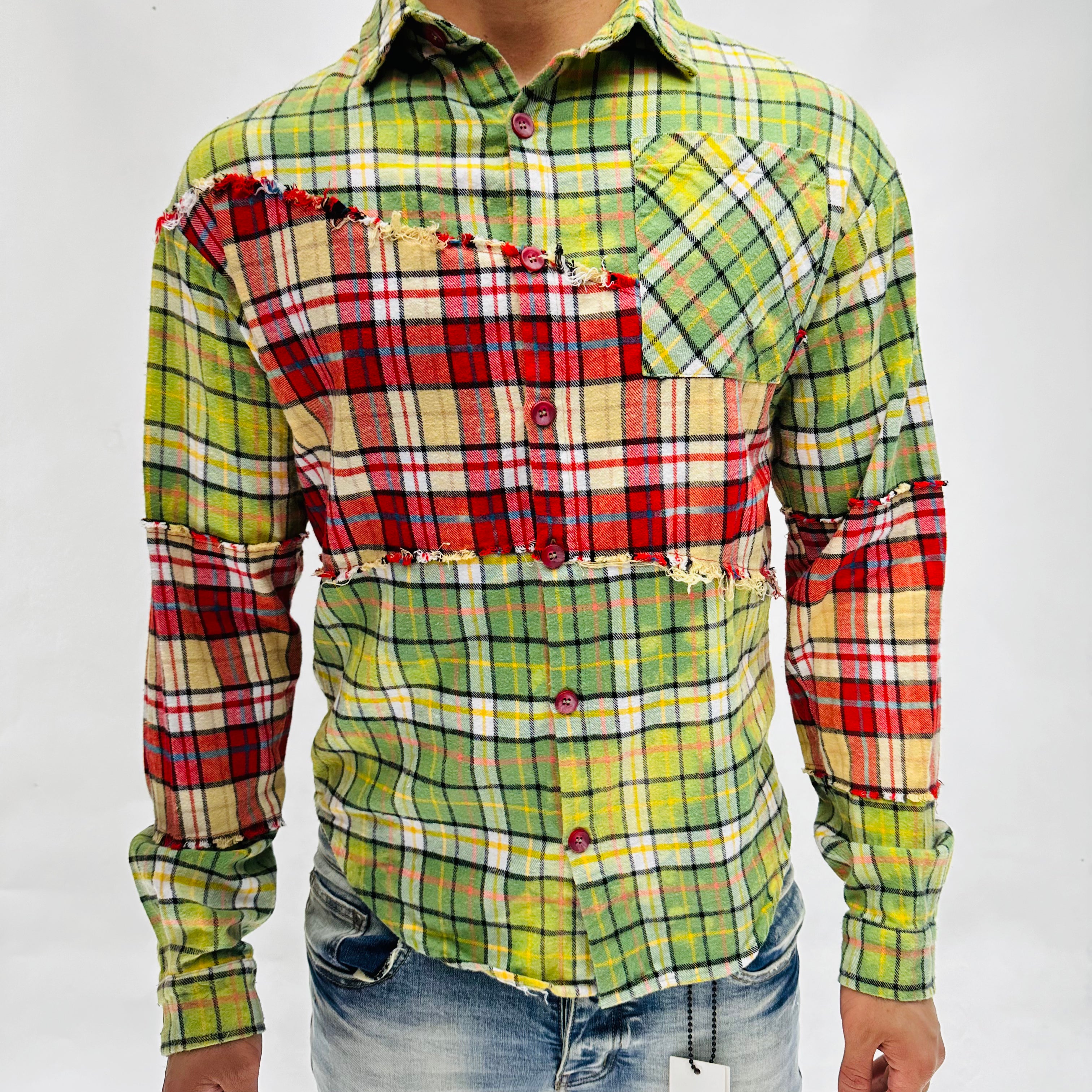 "RIP AND REPAIR WOVEN" Lime/Green and Burgundy Button Up