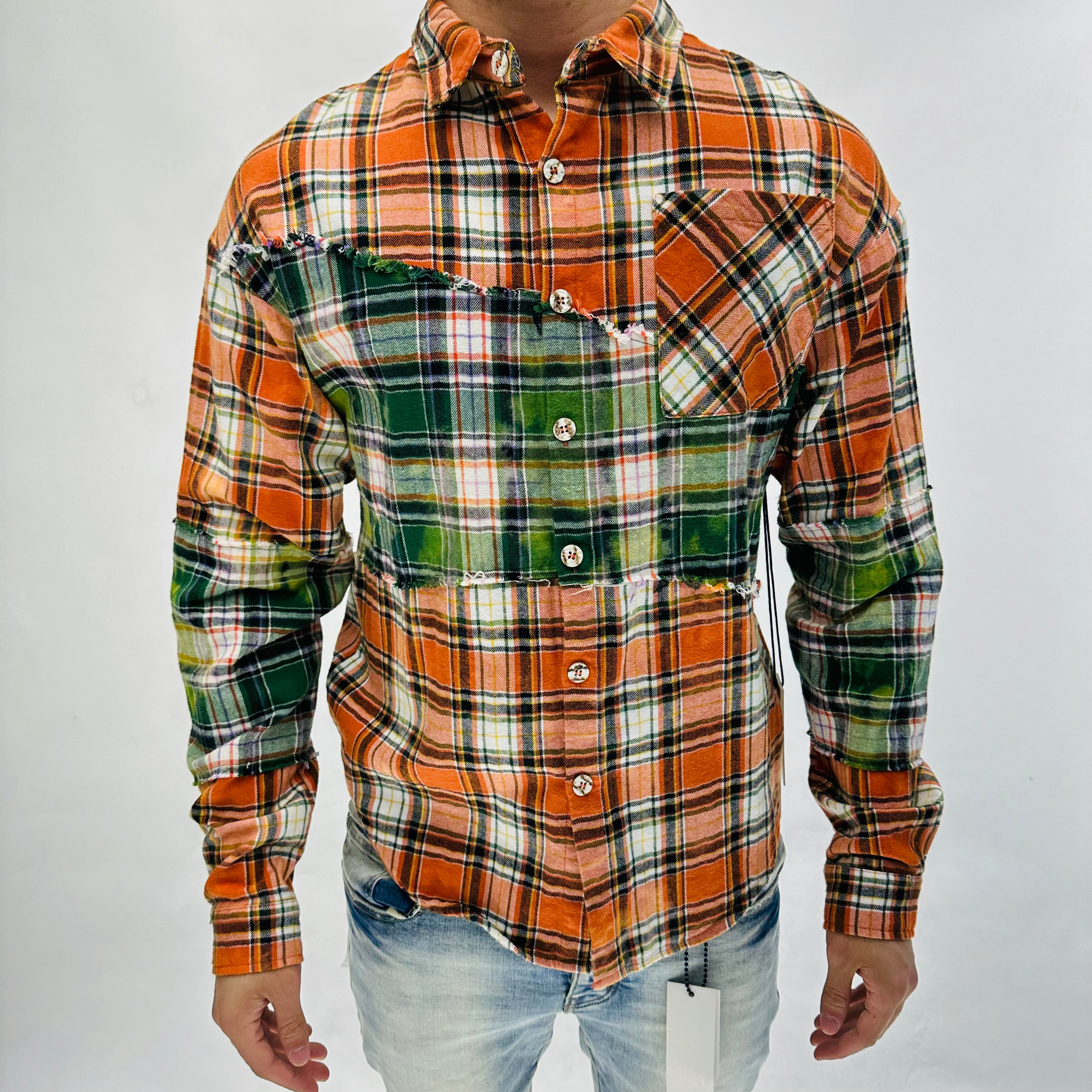 "RIP AND REPAIR WOVEN" Orange/Green Button Up