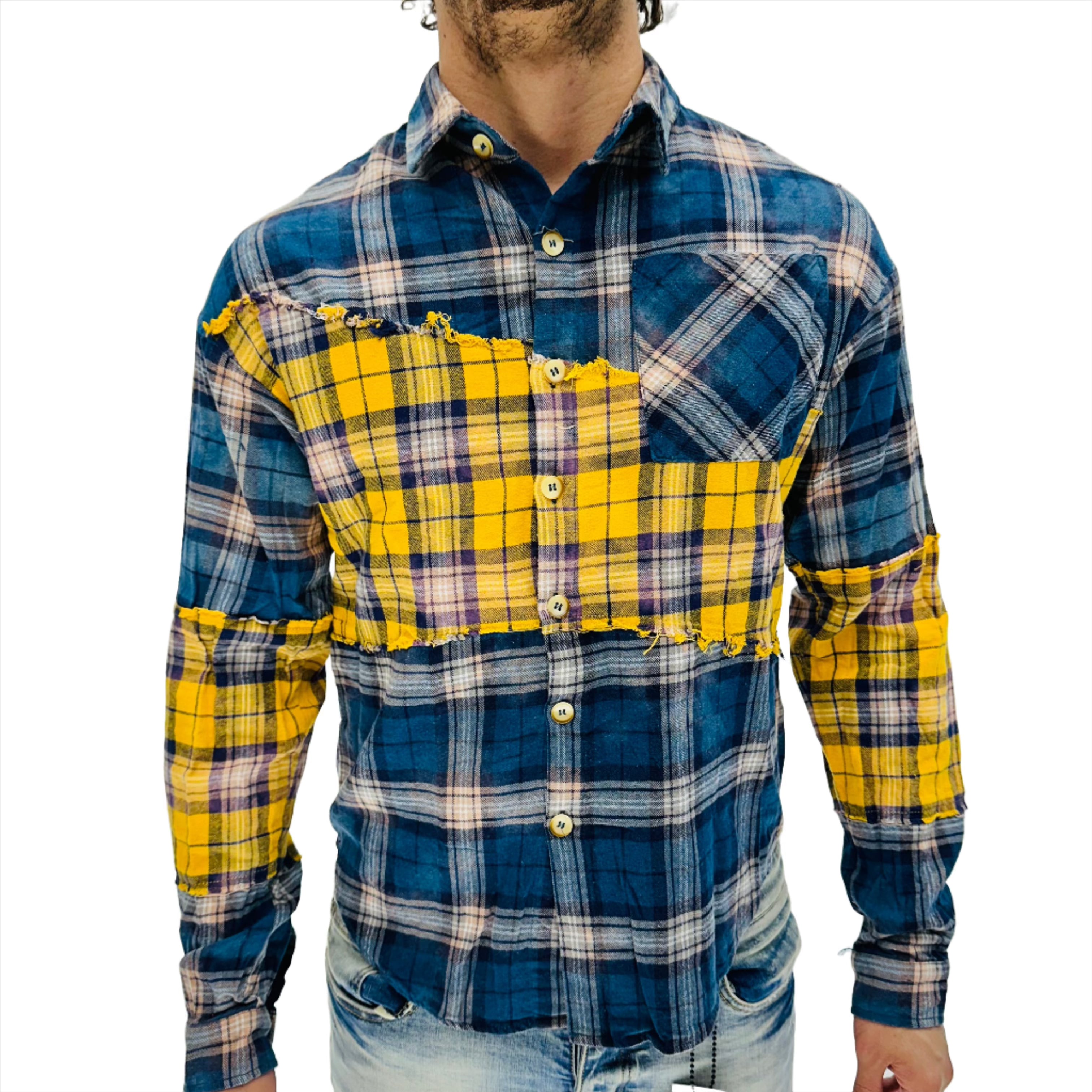 "RIP AND REPAIR WOVEN" Blue/Yellow Button Up