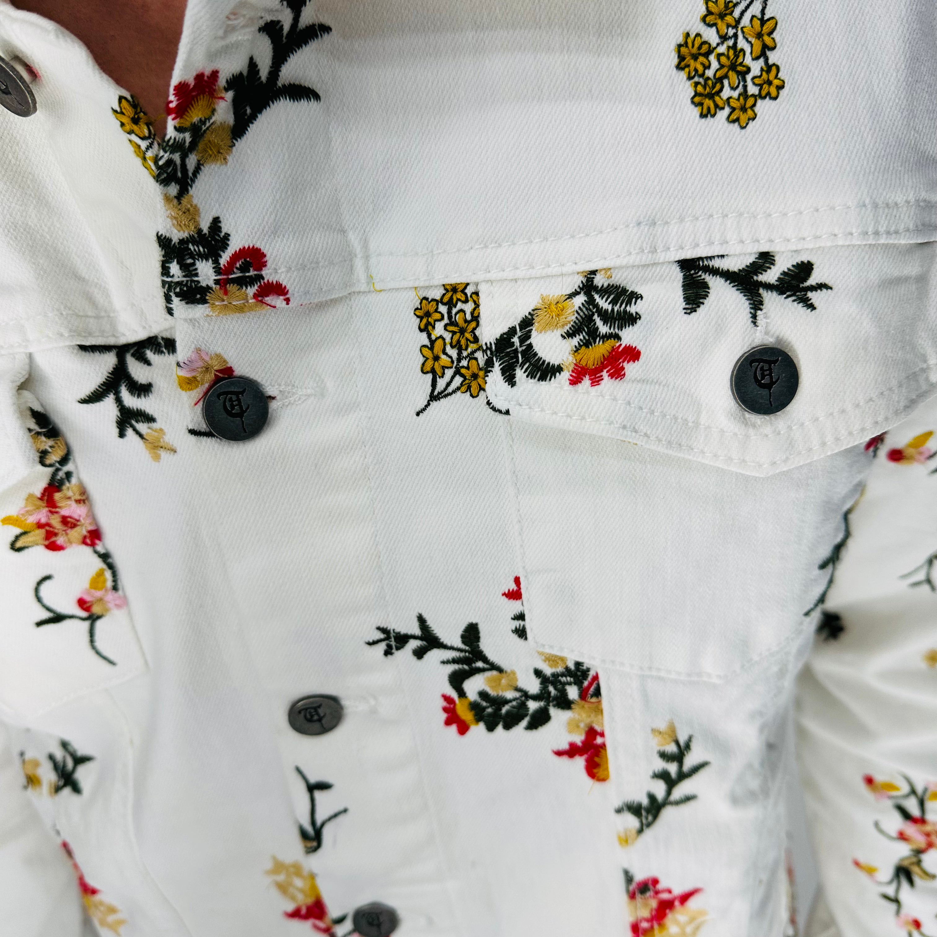 "SPRING" White Floral Denim Jacket