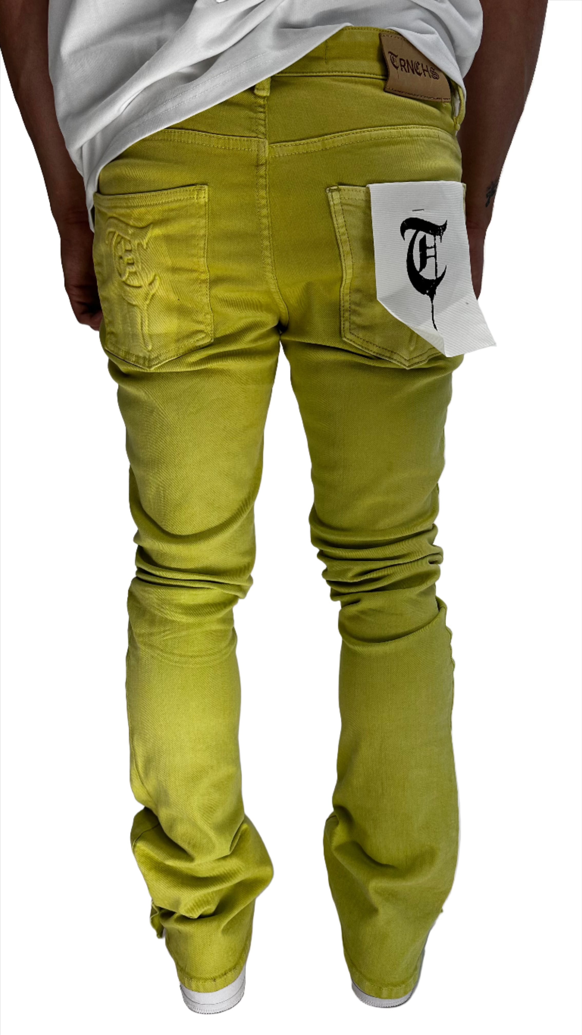 "BUTTON FLY" Green Stacked Jeans