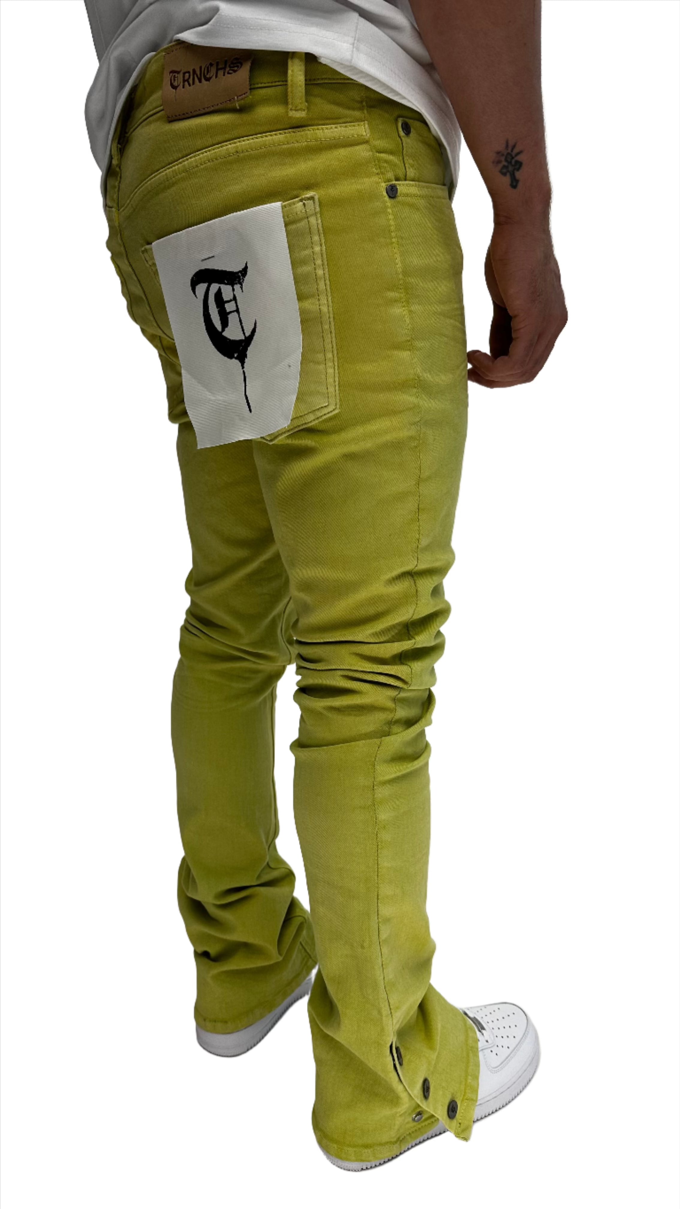 "BUTTON FLY" Green Stacked Jeans