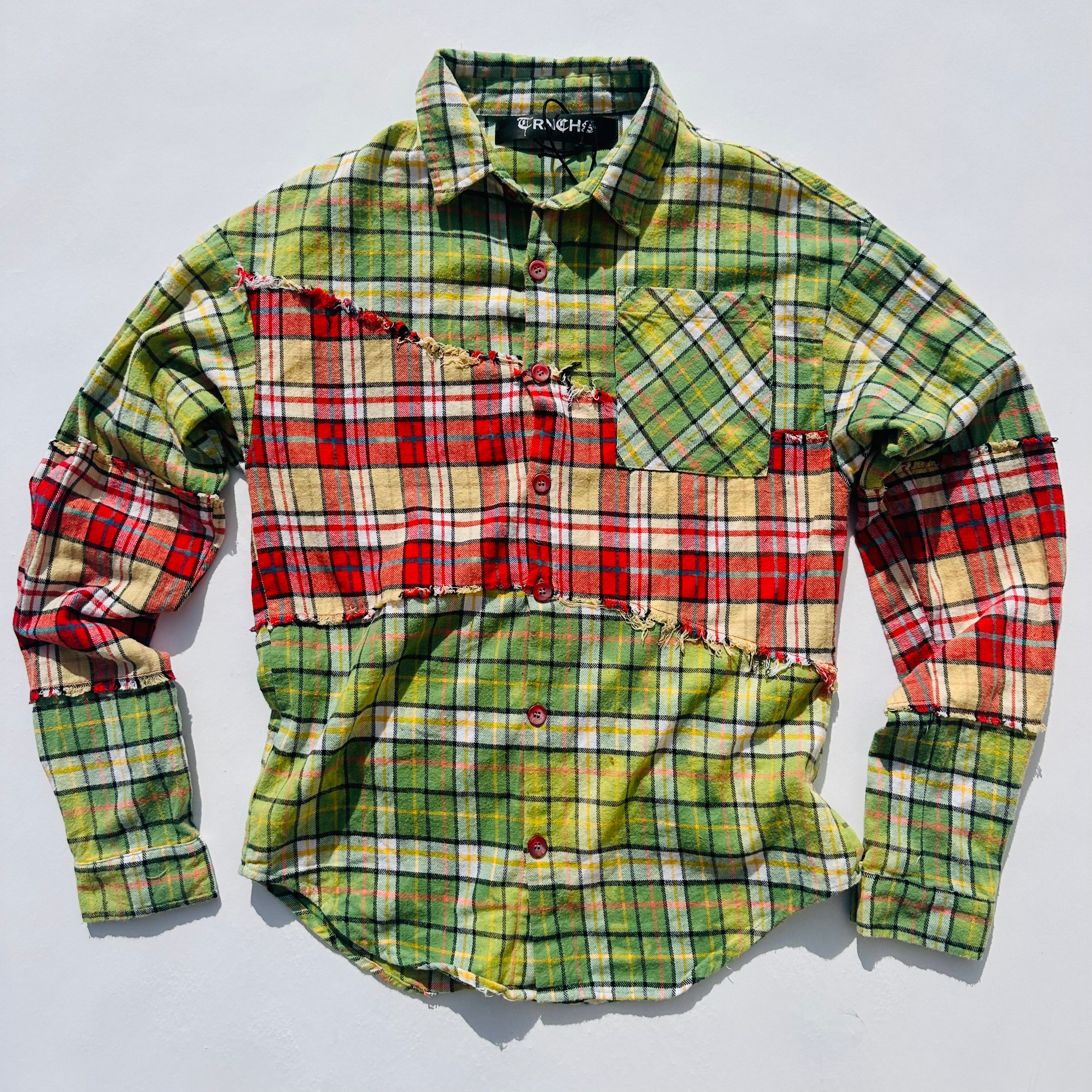 "RIP AND REPAIR WOVEN" Lime/Green and Burgundy Button Up