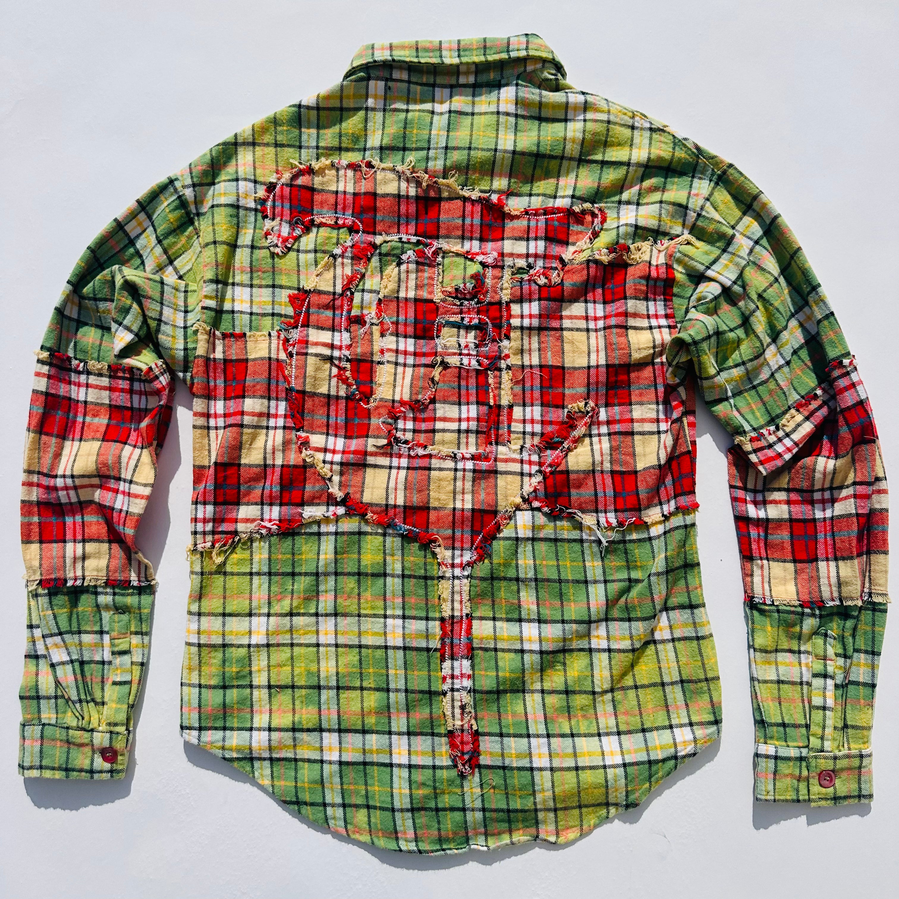 "RIP AND REPAIR WOVEN" Lime/Green and Burgundy Button Up